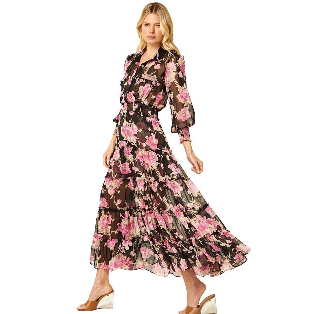 MISA Los Angeles Aydeniz Pink Black Flora Dress - Size S